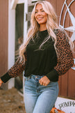 Black Leopard Print Long Sleeve Ribbed Knit Blouse