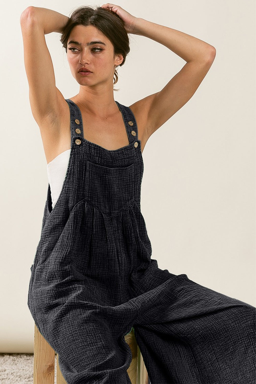 Black Textured Wide Leg Overalls