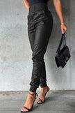 Black Smocked High-Waist Leather Skinny Pants