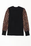 Black Leopard Print Long Sleeve Ribbed Knit Blouse