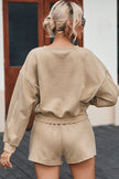 Khaki Piping Trim Long Sleeve Terry Shorts Set