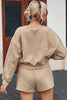 Khaki Piping Trim Long Sleeve Terry Shorts Set