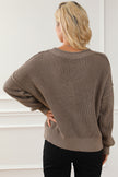 Khaki Pointelle Knit Button V Neck Drop Shoulder Sweater