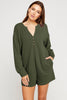 Dark Green Brushed Ribbed Button Split V Neck Long Sleeve Romper