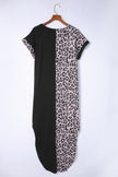 Black Contrast Solid Leopard Short Sleeve T-shirt Dress with Slits