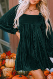 Green Tie Back Square Neck Velvet Babydoll Dress