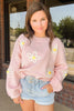 Pink Chenille Daisy Stitching Crew Neck Sweater