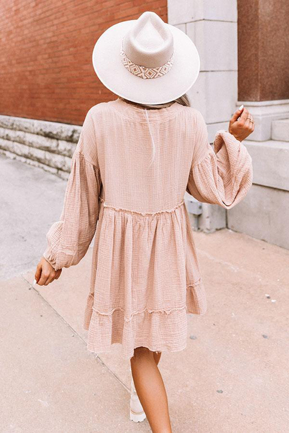 Oatmeal Crinkle Distressed Puff Sleeve Flared Dress