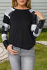 Black Sequin Plaid Patchwork Raglan Sleeve Top