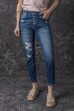 Blue Distressed Button Fly High Waist Skinny Jeans