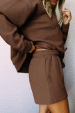 Brown Textured Long Sleeve Top and Drawstring Shorts Set