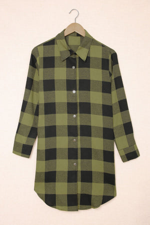 Green Turn-down Collar Plaid Shirt Coat