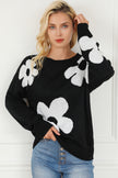 Black Big Flower Pattern Knit Sweater