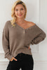 Khaki Pointelle Knit Button V Neck Drop Shoulder Sweater