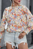 Multicolor Shirred Cuffs Bubble Sleeve Floral Blouse