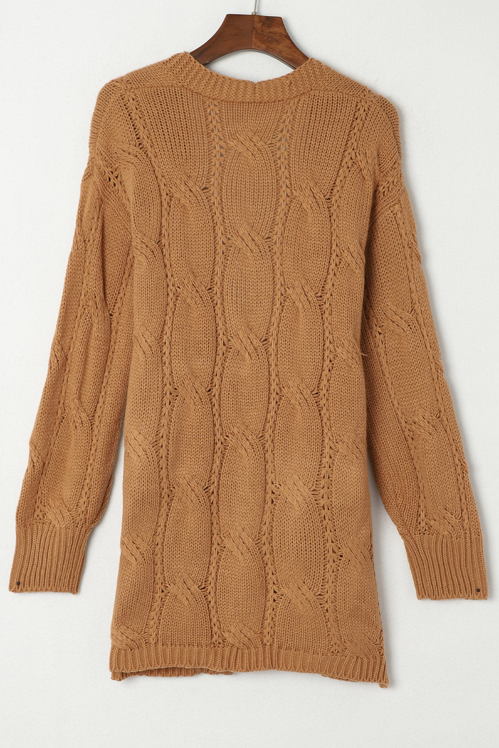 Khaki Ribbed Trim Eyelet Cable Knit Cardigan