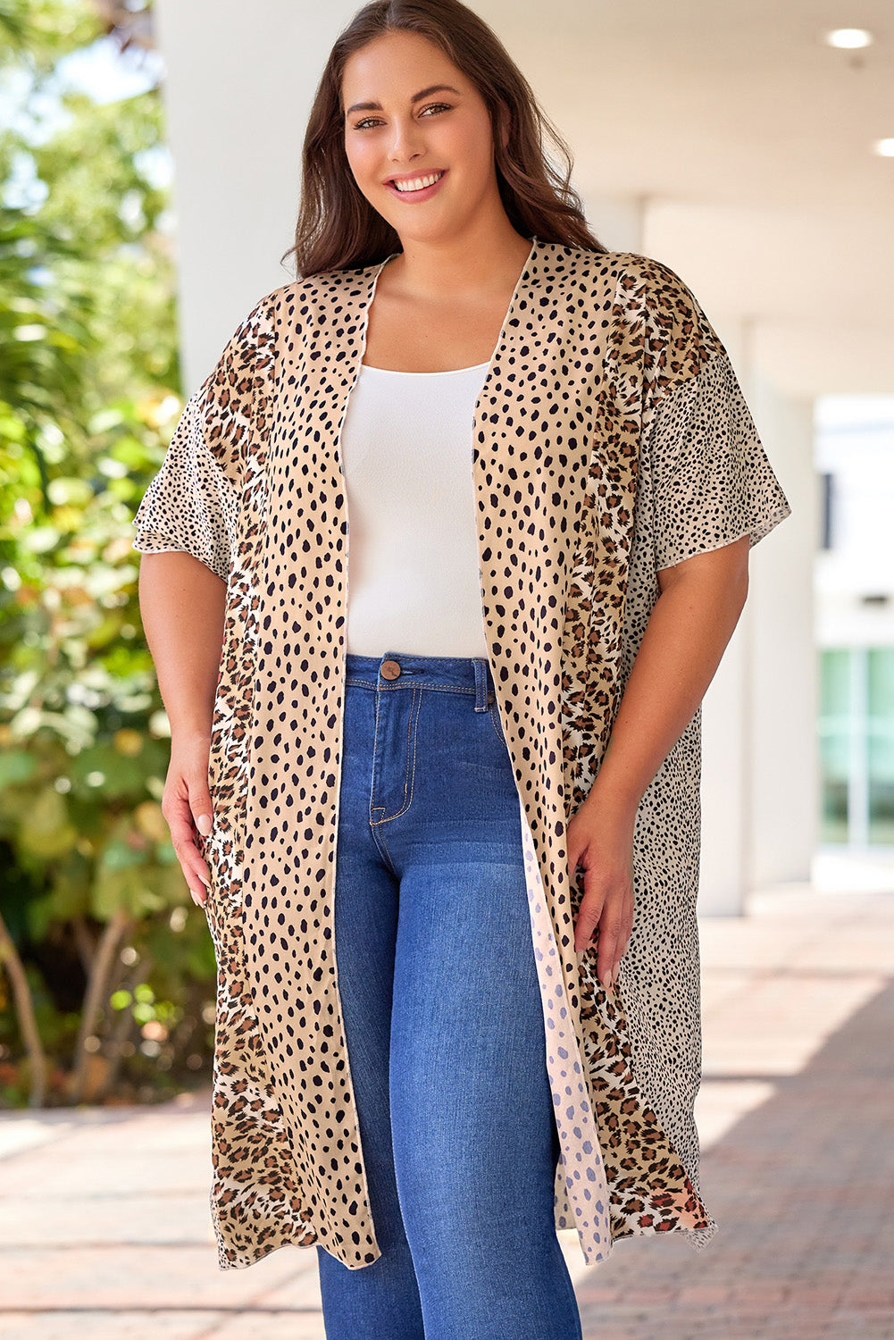 Plus Size Leopard Color Block Flowy Kimono