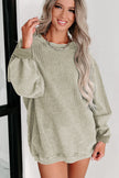 Green Solid Ribbed Knit Round Neck Pullover Sweatshirt