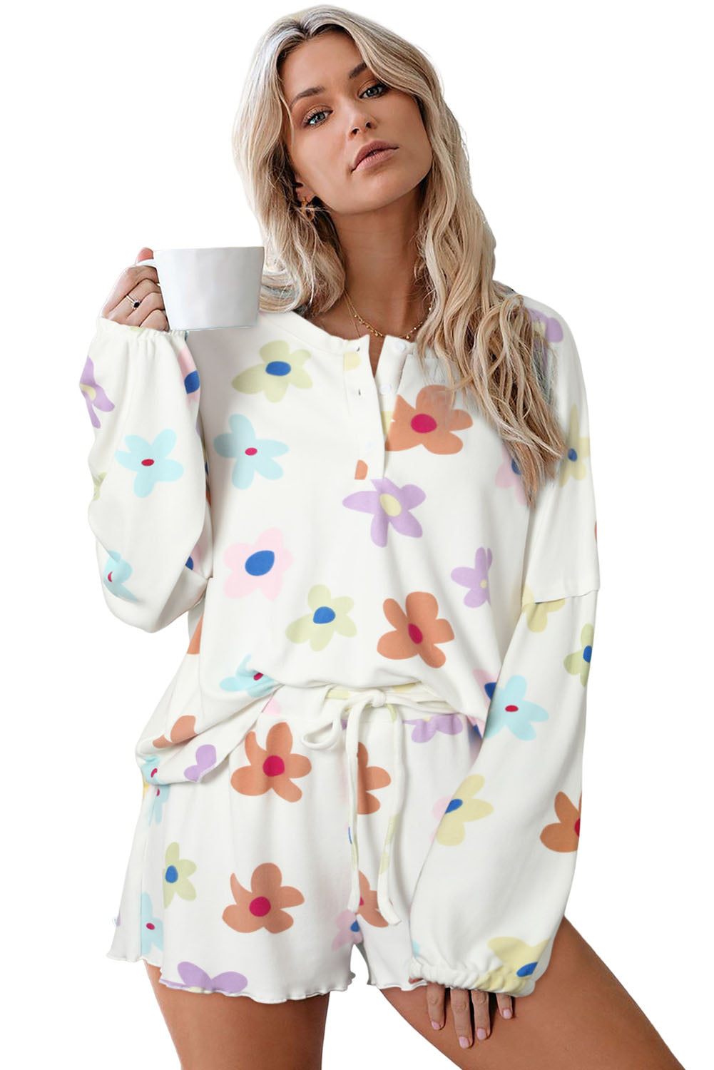 White Floral Long Sleeve Henley Top and Drawstring Shorts Set