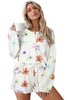 White Floral Long Sleeve Henley Top and Drawstring Shorts Set