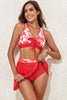 Fiery Red 3pcs Printed Crossed Top and A-line Skirt Bikini Set