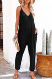 Black Textured Sleeveless V-Neck Pocketed Casual Jumpsuit