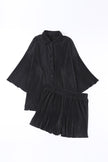 Black 3/4 Sleeves Pleated Shirt and High Waist Shorts Lounge Set