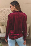 Burgundy Frilled Neck Buttoned Front Velvet Top