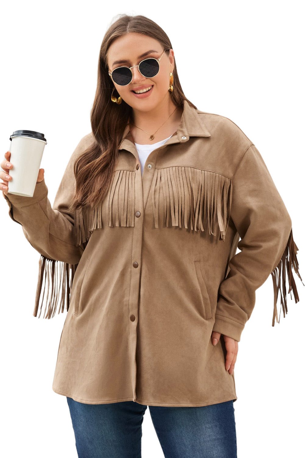 Khaki Fringe Trim Plus Size Suede Shacket