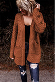 Brown Open Front Woven Texture Knitted Cardigan with Pockets