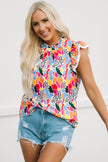 Multicolor Abstract Print High Neck Flutter Sleeves Top