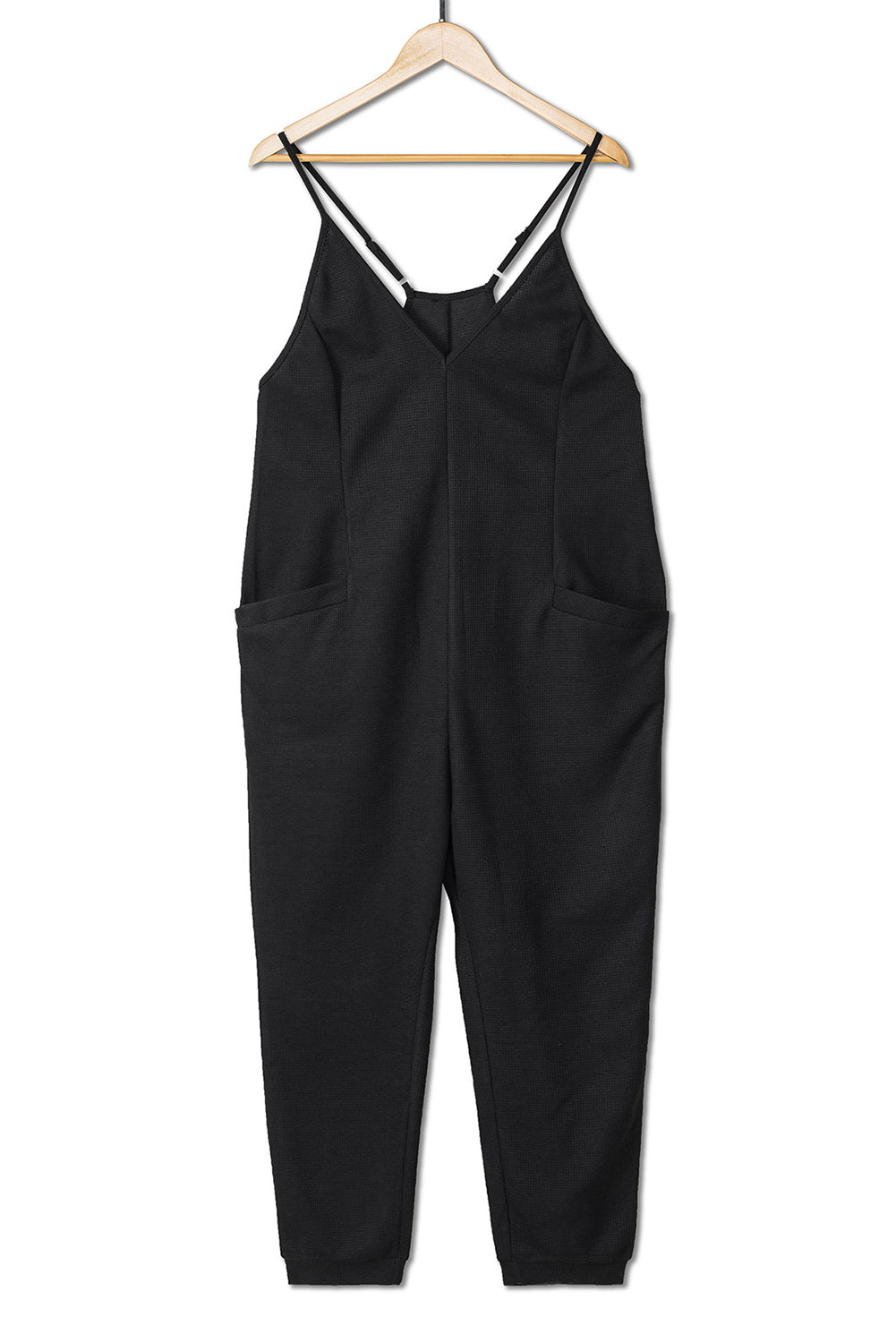 Black Textured Sleeveless V-Neck Pocketed Casual Jumpsuit