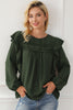 Blackish Green Lace Eyelet Ruffle Shoulder Long Sleeve Blouse