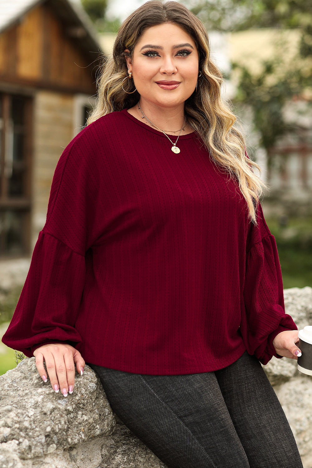 Red Dahlia Plus Size Balloon Sleeve Textured Knit Top