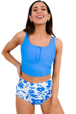 Blue Square Neck Sleeveless Fashion Print Tankini Set