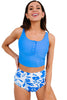 Blue Square Neck Sleeveless Fashion Print Tankini Set