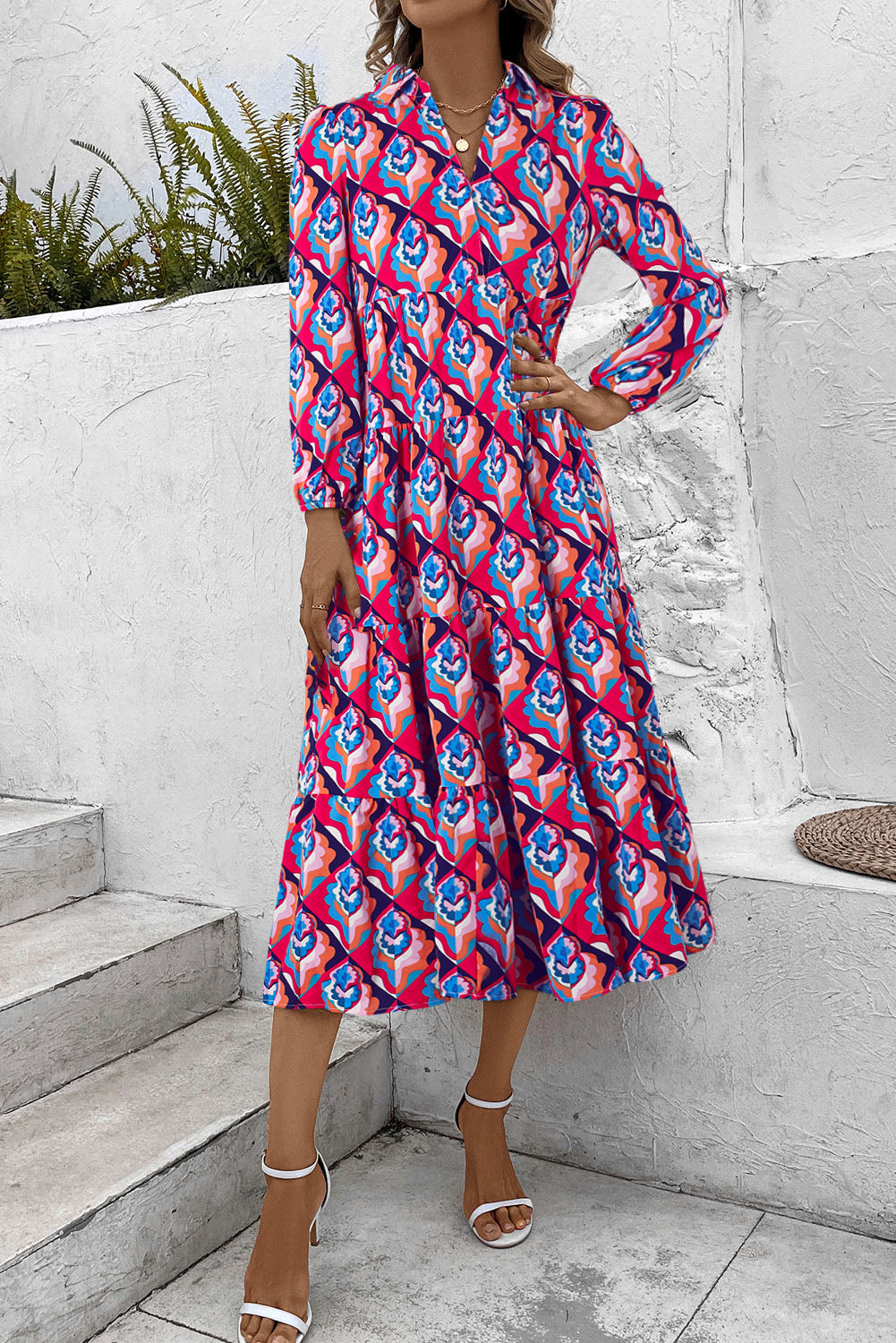 Abstract Geometric Print Long Sleeve High Waist Dress