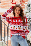 Red Christmas Elk Printed Knitted Long Sleeve Sweater