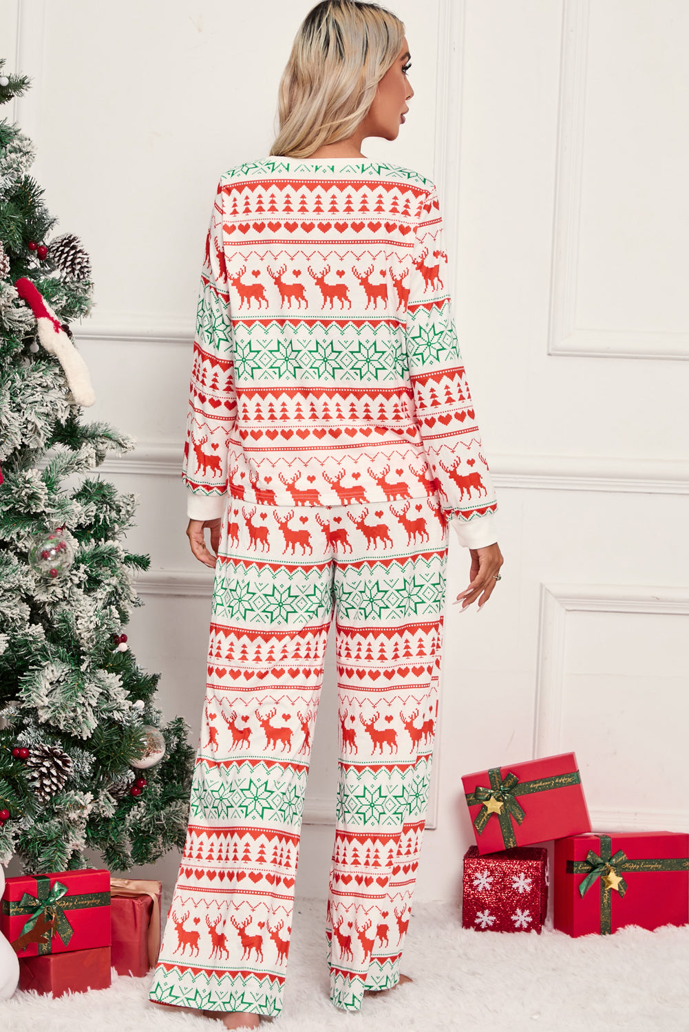 White Christmas Print Pullover and Pants Lounge Set